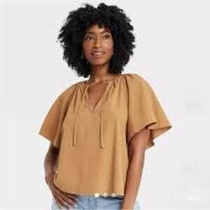 Oversized Flounce Short Sleeve Popover Top Size L Cottagecore Honey Gold Blouse